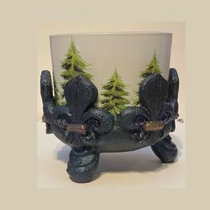 evergreen pine-scented candle set in a hand painted gothic style candle holder.